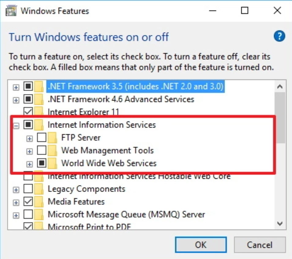 Xóa tùy chọn cha World Wide Web Services
