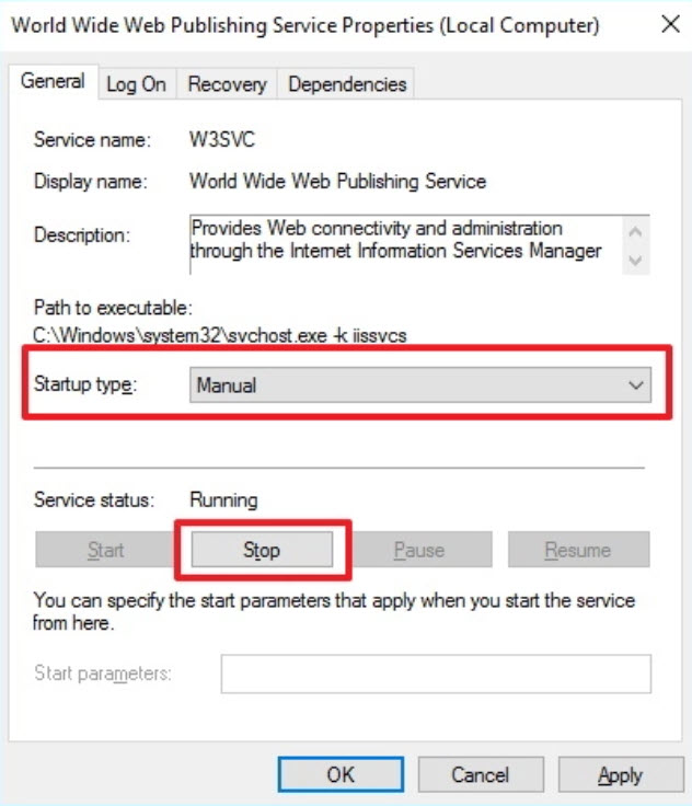 Stop dịch vụ World Wide Web Publishing Service