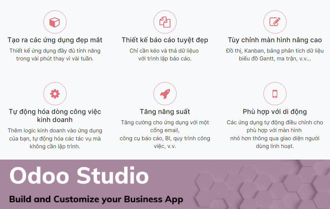 Odoo Studio - Nền tảng "nhà xưởng" của Odoo với rất nhiều công cụ và tùy chỉnh động theo trường, biểu mẫu, biểu đồ...