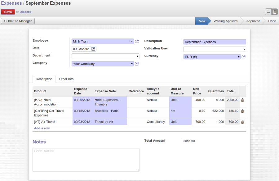 Expenses form to enter and review expenses