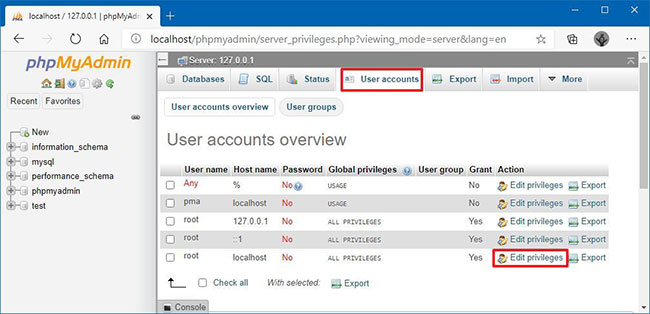 Nhấp vào liên kết Edit privileges