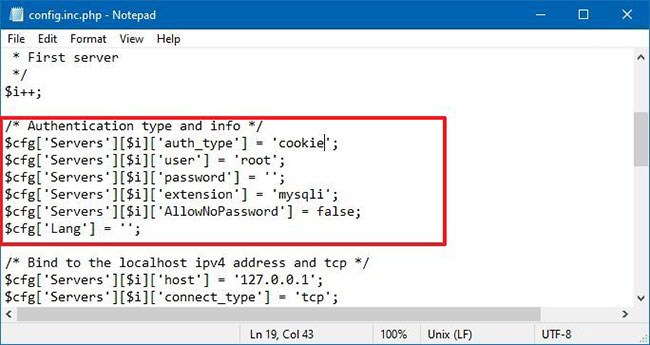 Chỉnh sửa thông số trong config.inc.php